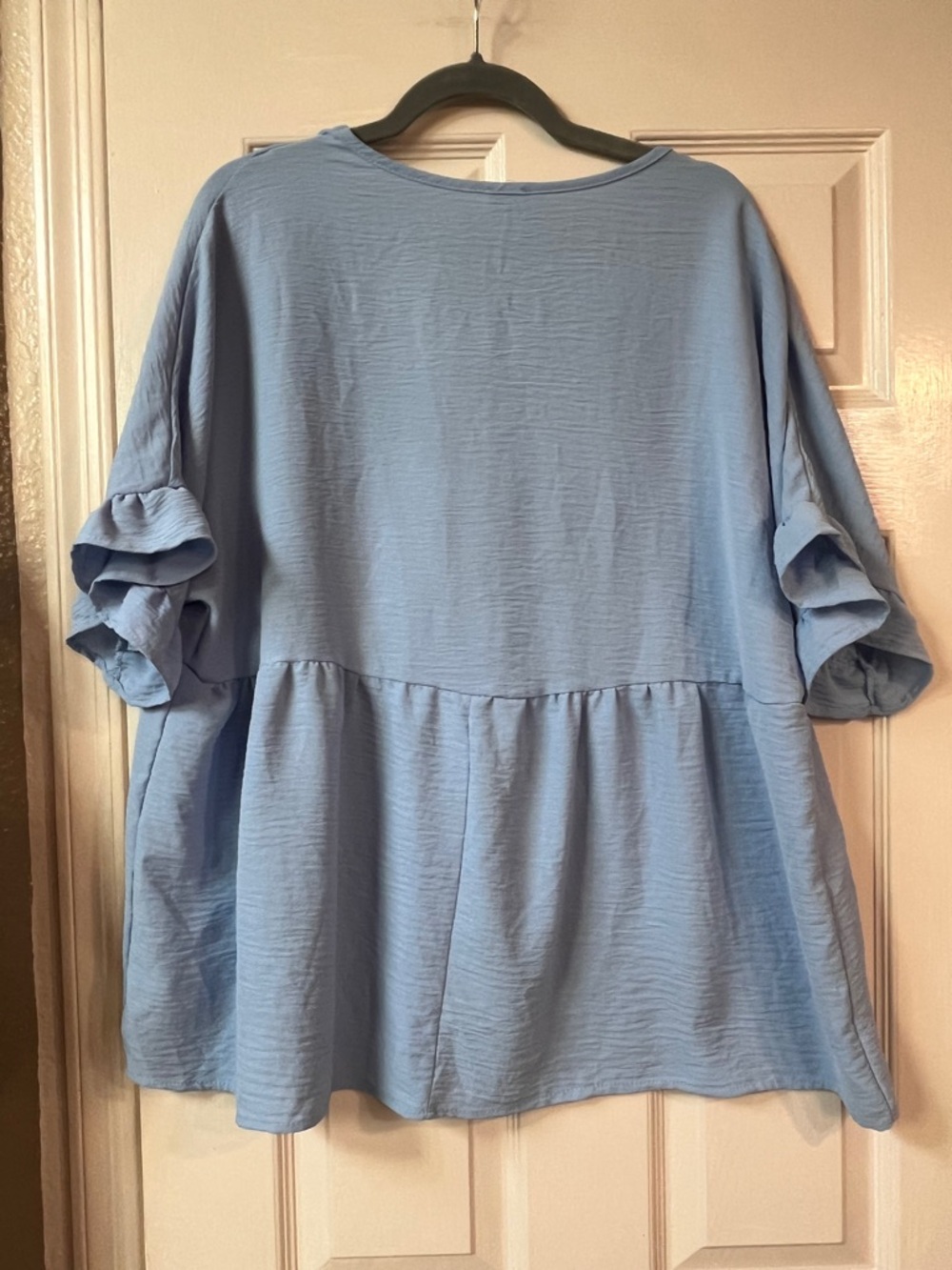 Light Blue V-Neck Peplum Blouse - Picture 2 of 8